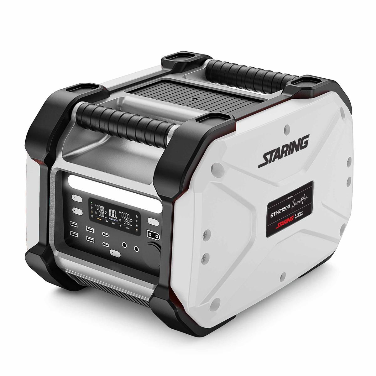 Staring STI-E1200 akkuvirtalähde Staring STI-E1200 on tehokas ja päästötön LiFePO₄-akkuinvertteri, joka tuottaa puhdasta siniaaltoa työmaille, mökille ja varavirraksi.