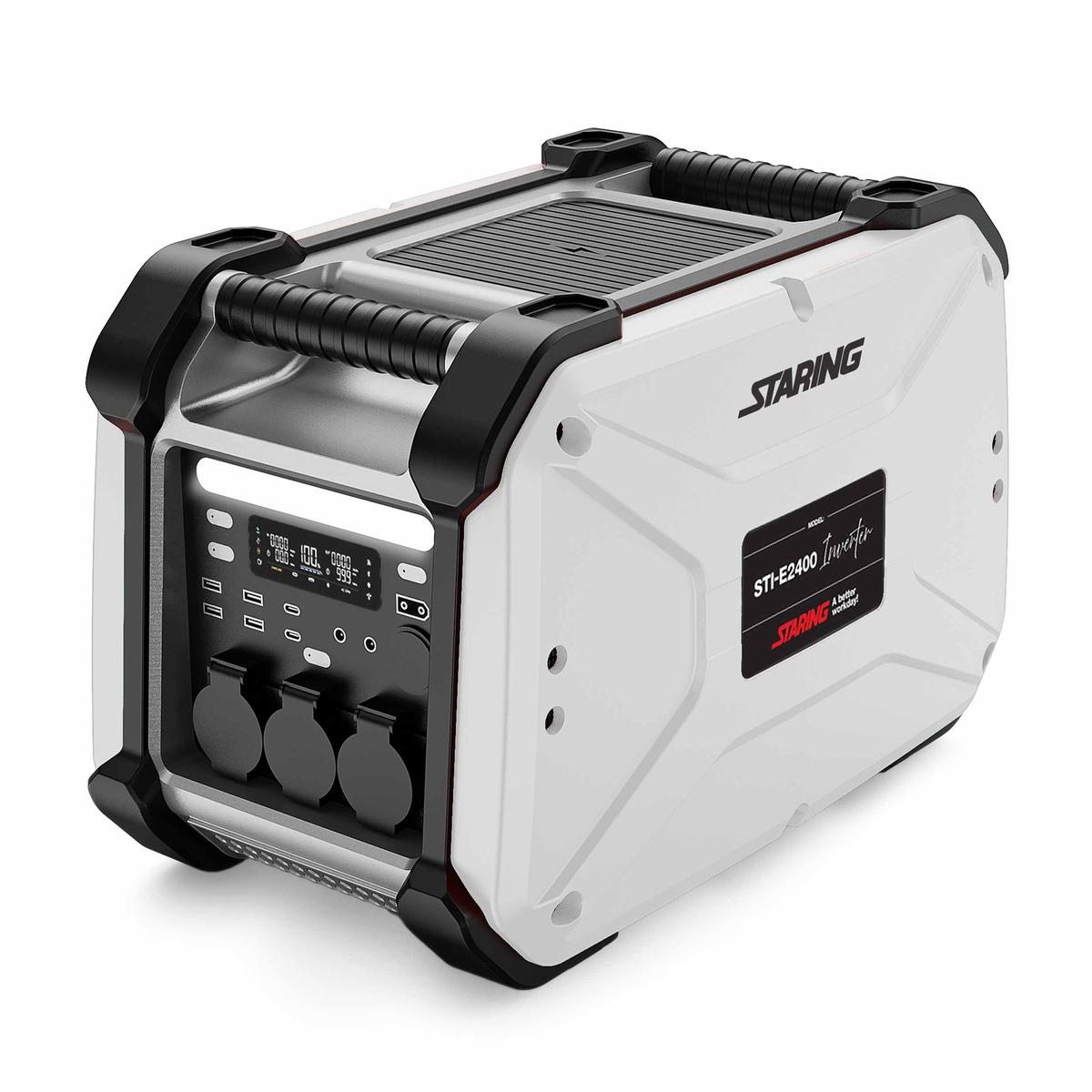 Staring STI-E2400 akkuvirtalähde Staring STI-E2400 on tehokas ja päästötön LiFePO₄-akkuvirtalähde, joka tuottaa 2400 W puhdasta siniaaltoa työmaille, mökeille ja varavirraksi.