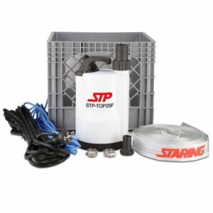 Uppopumppusetti STP-TOP25F kotitalouskäyttöön. Tyhjentää kellarit ja uima-altaat tehokkaasti jopa 2 mm vesitasoon asti. Sisältää letkun ja liittimet.