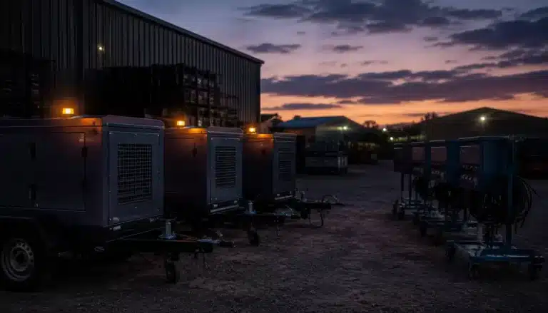 Dieselgeneratorer och byggcentraler uppställda på en uthyrningsfirmas gård i skymningen