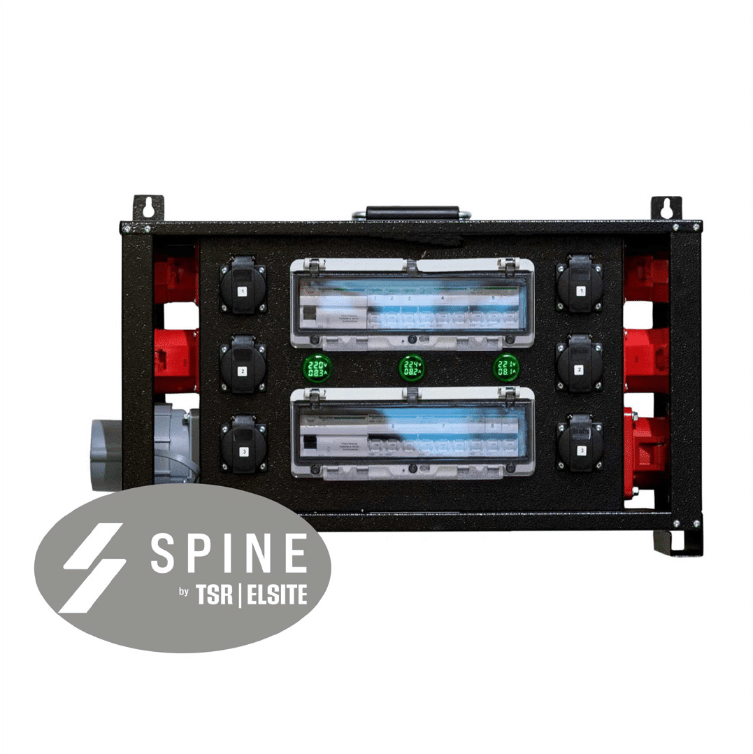 TSR-HUB 63A Spine Generator distribution board, front view: digital phase meters plus controlled and standard outlets