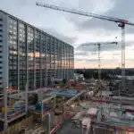 Nordic construction site illuminated for work during the dark season