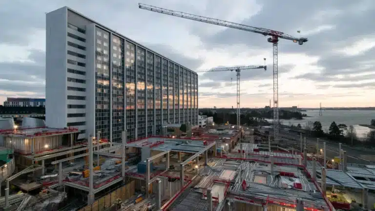 Nordic construction site illuminated for work during the dark season