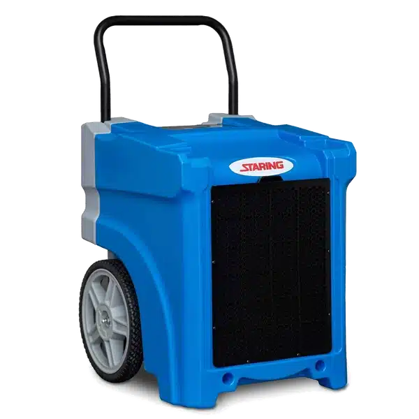 Byggavfuktare 50L PRO med pump sedd framifrån, klar för byggplatsen