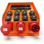 Orange TSR-MAG portable site distribution board with lidded 230 V sockets and two red CEE sockets labelled IP44 and IP54